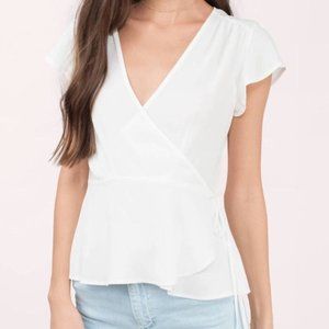 Tobi White Silk-Blend Short Sleeved Wrap Top, size Medium